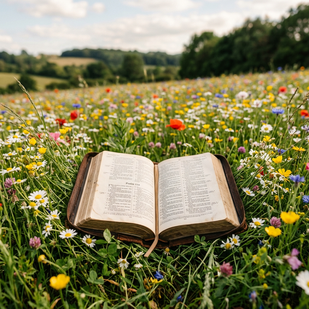 Open Bible resting in a colorful wildflower meadow